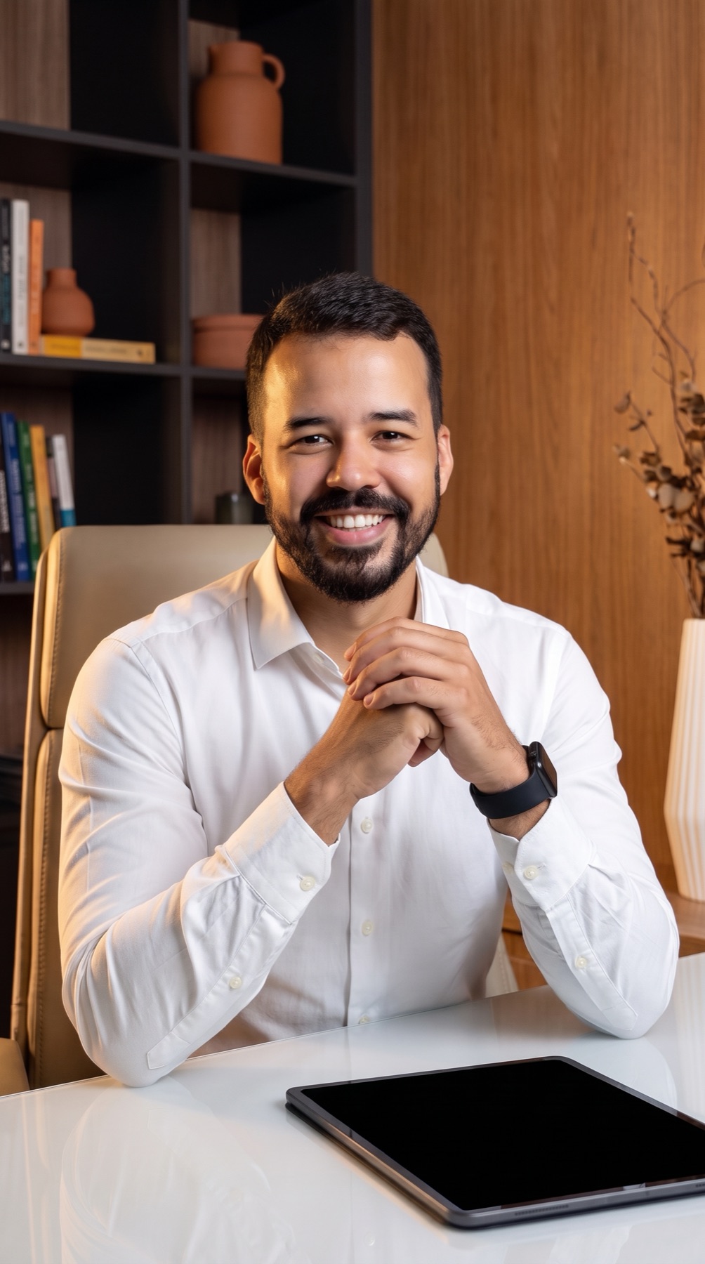 Dr. Héktor Oliveira sorrindo, de camisa branca, sentado à mesa do consultório